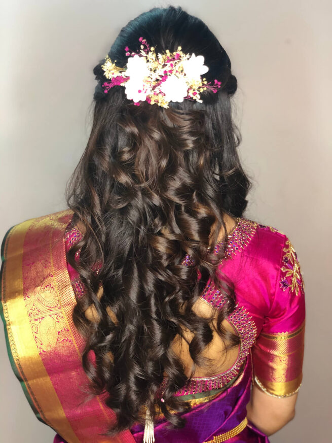 shaadidukaan india | Hair style on saree, Engagement hairstyles, Long hair  wedding styles