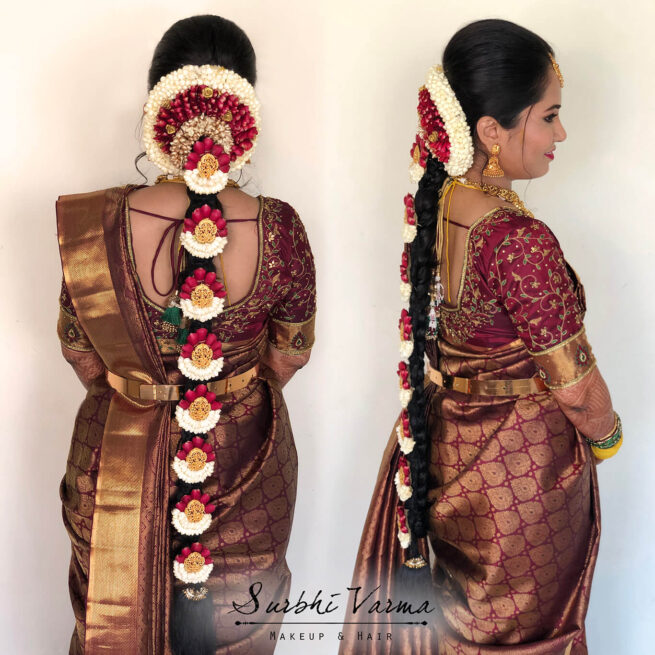 Red rose veni and White veni done for a Hindu Brahmin style engagement!  #redroseveni #traditionalfl… | South indian bride, Indian wedding hairstyles,  Indian wedding